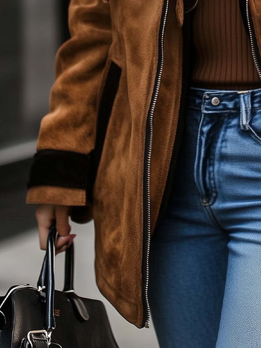 Aviatorjakke til Kvinder i Ruskindslook med Shearling-Kanter