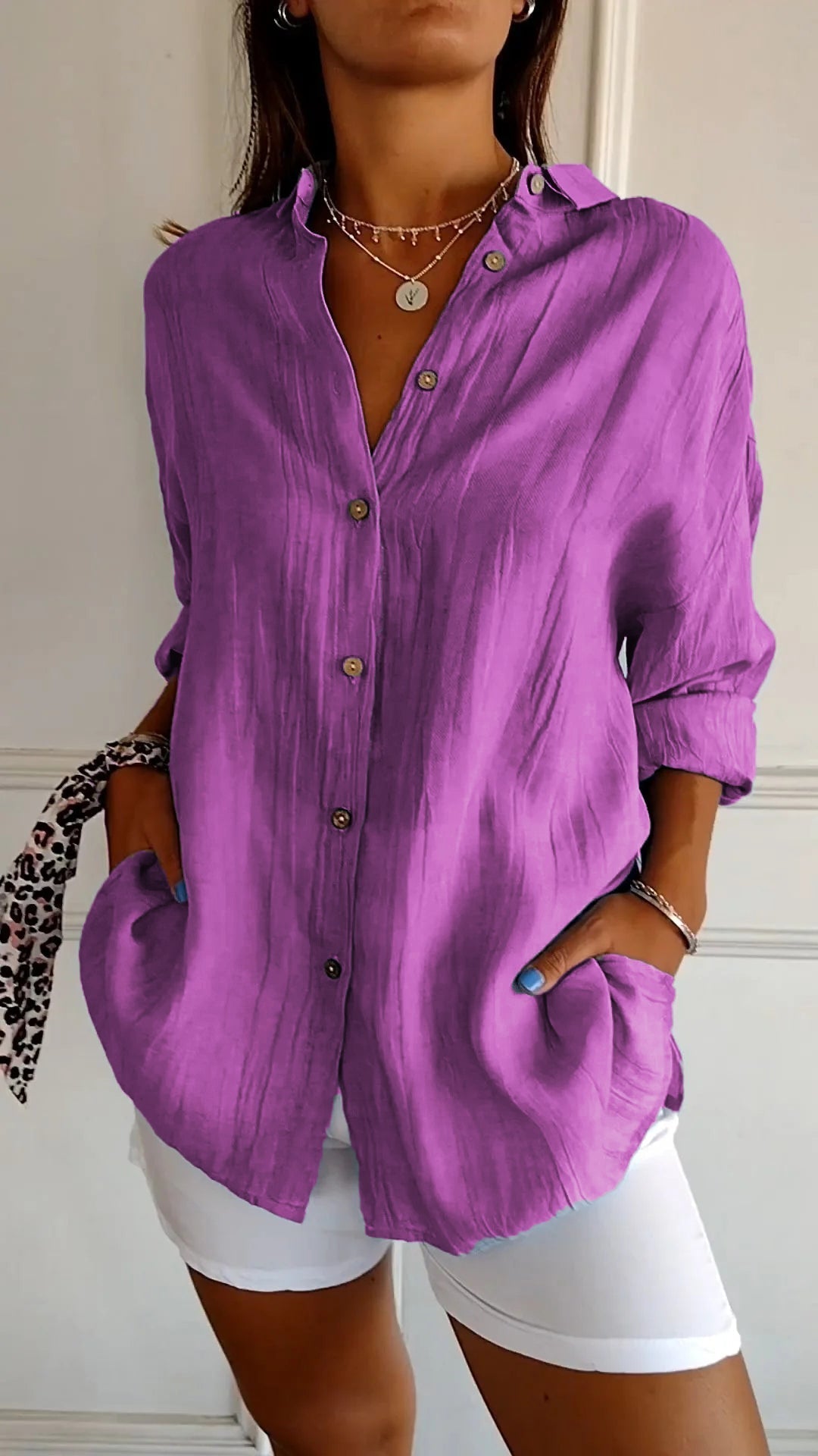 Losvallende Damesblouse met Lange Mouwen – Luchtige Casual Linnen Look Overhemd voor Dagelijks Gebruik