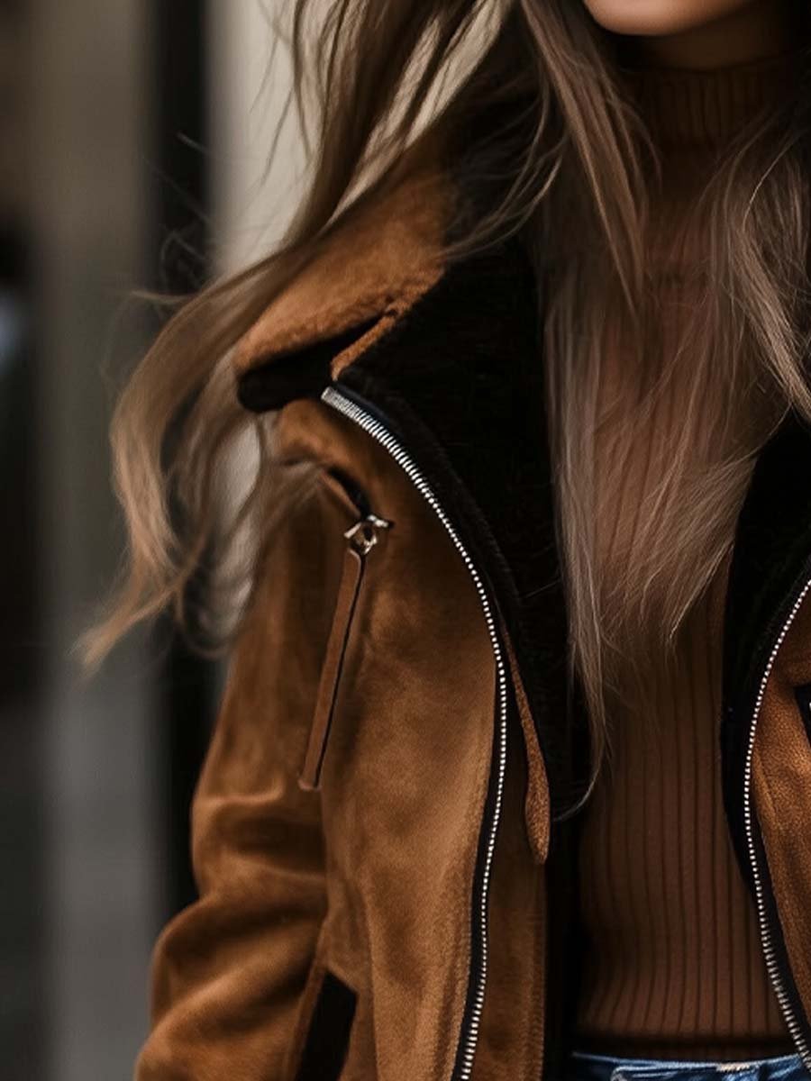 Aviatorjakke til Kvinder i Ruskindslook med Shearling-Kanter