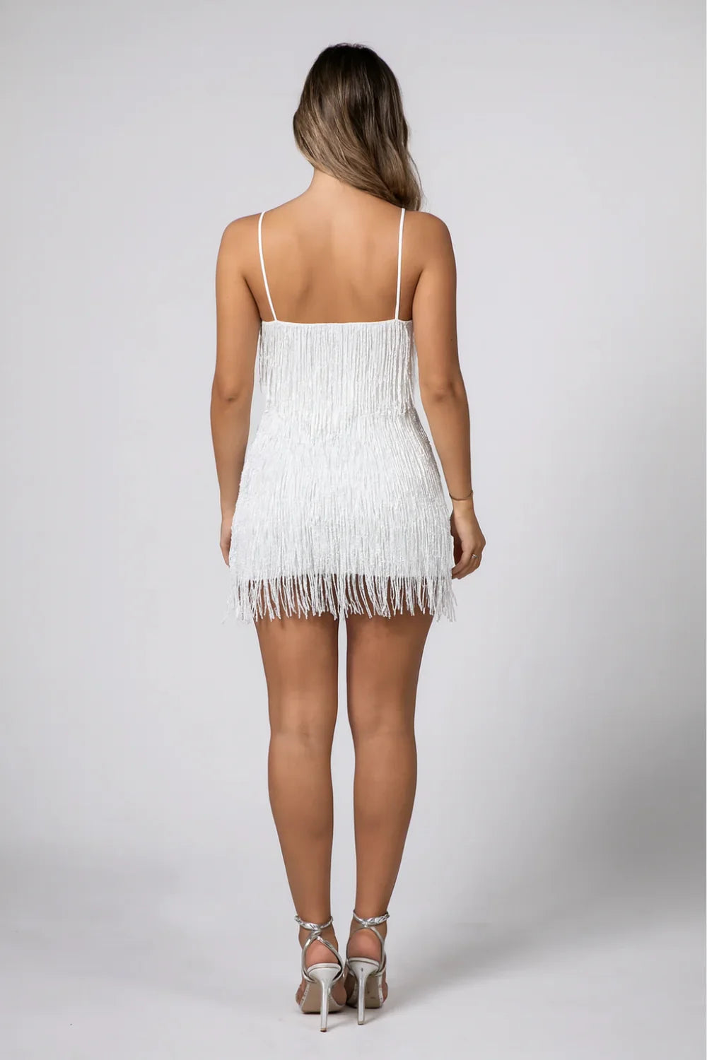 Elena - Blanc | Robe à franges ornée de perles