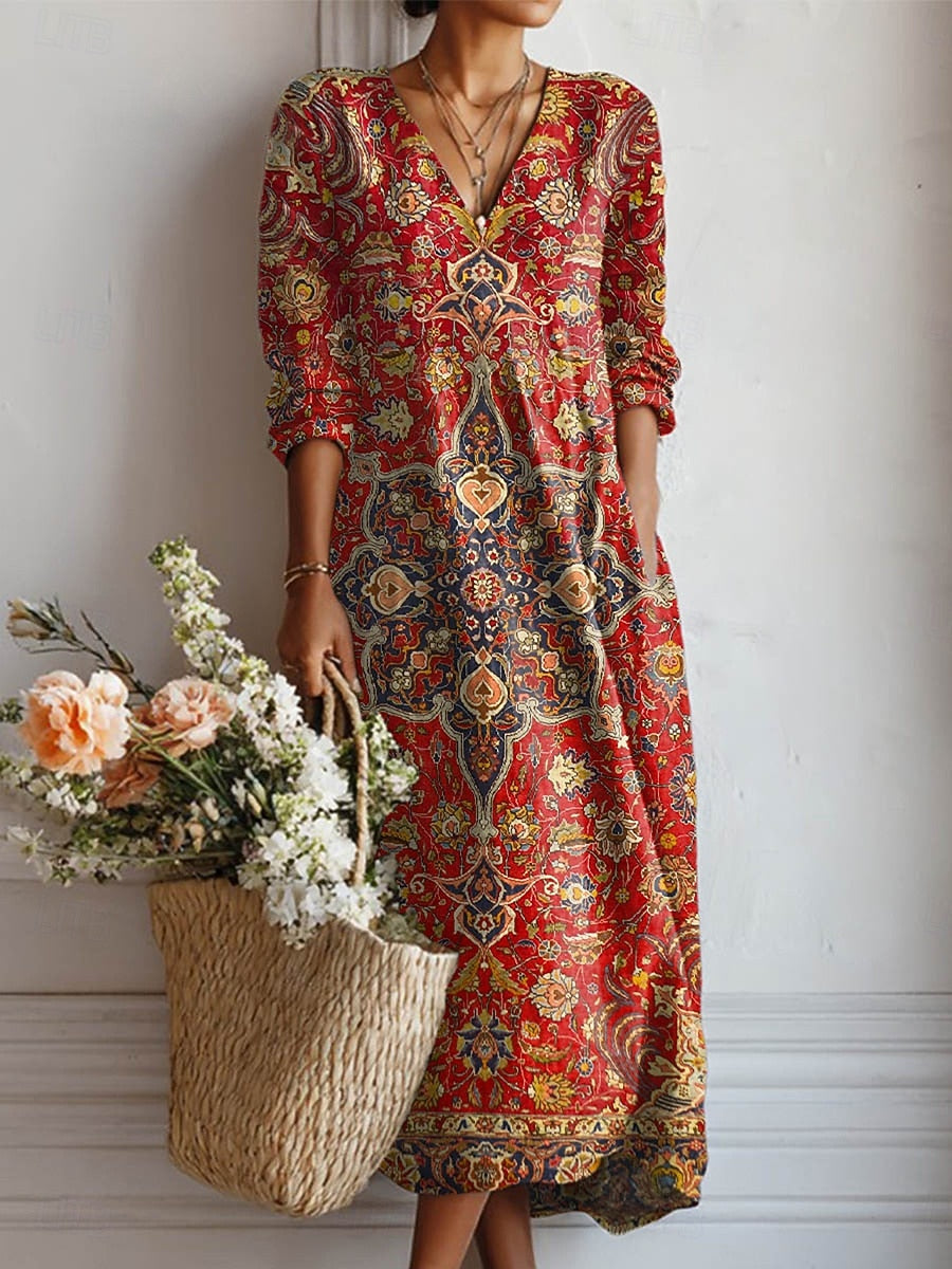 Boho Midi Kjole i Hørlook med Print til Dame