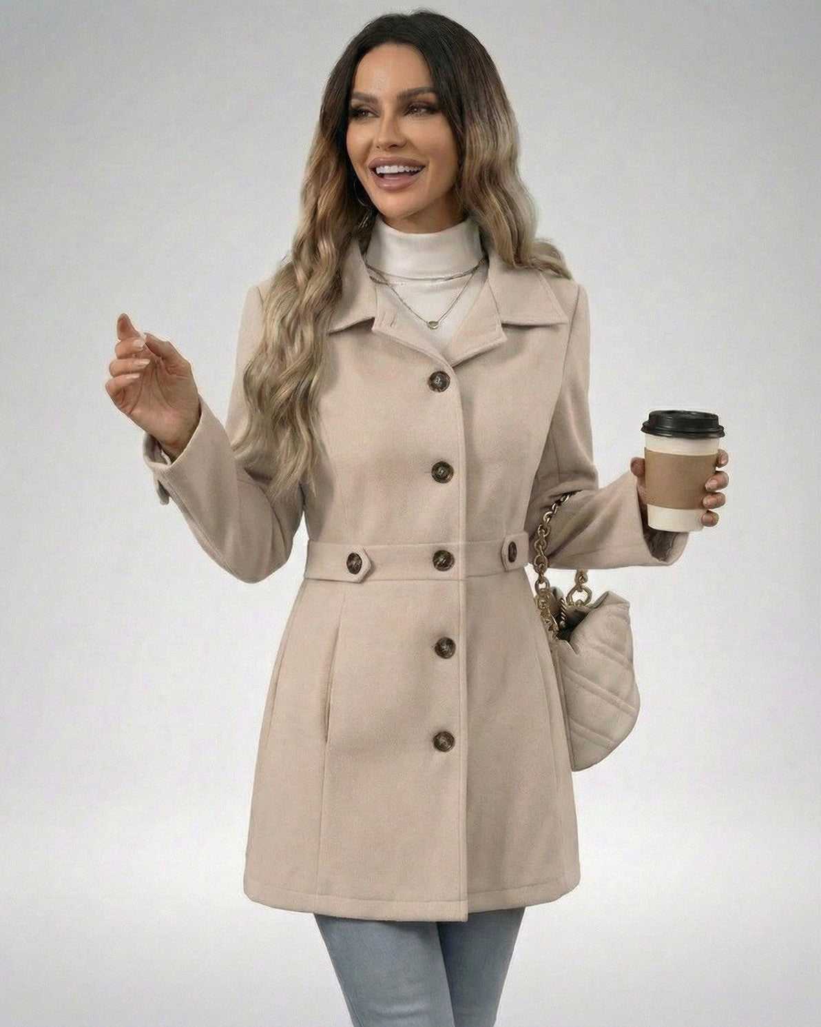 Woman in Latte Sculpt Jacket by Lauven, a beige slim fit jacket, stylishly holding a coffee cup.