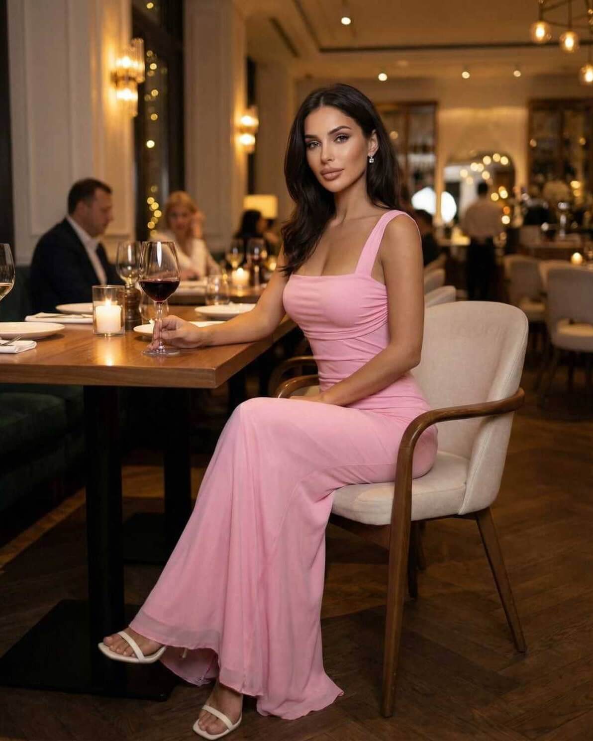 Lauven Blush Maxi Dress on a woman sitting at a restaurant table with wine, showcasing its sleek spaghetti strap design.
