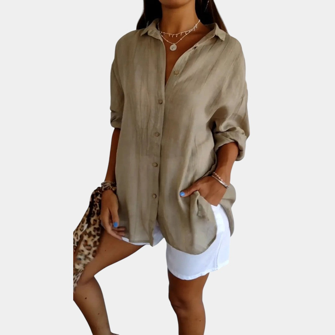Luchtige Damesblouse van Katoen-Linnenmix – Casual Oversized Blouse met Lange Mouwen