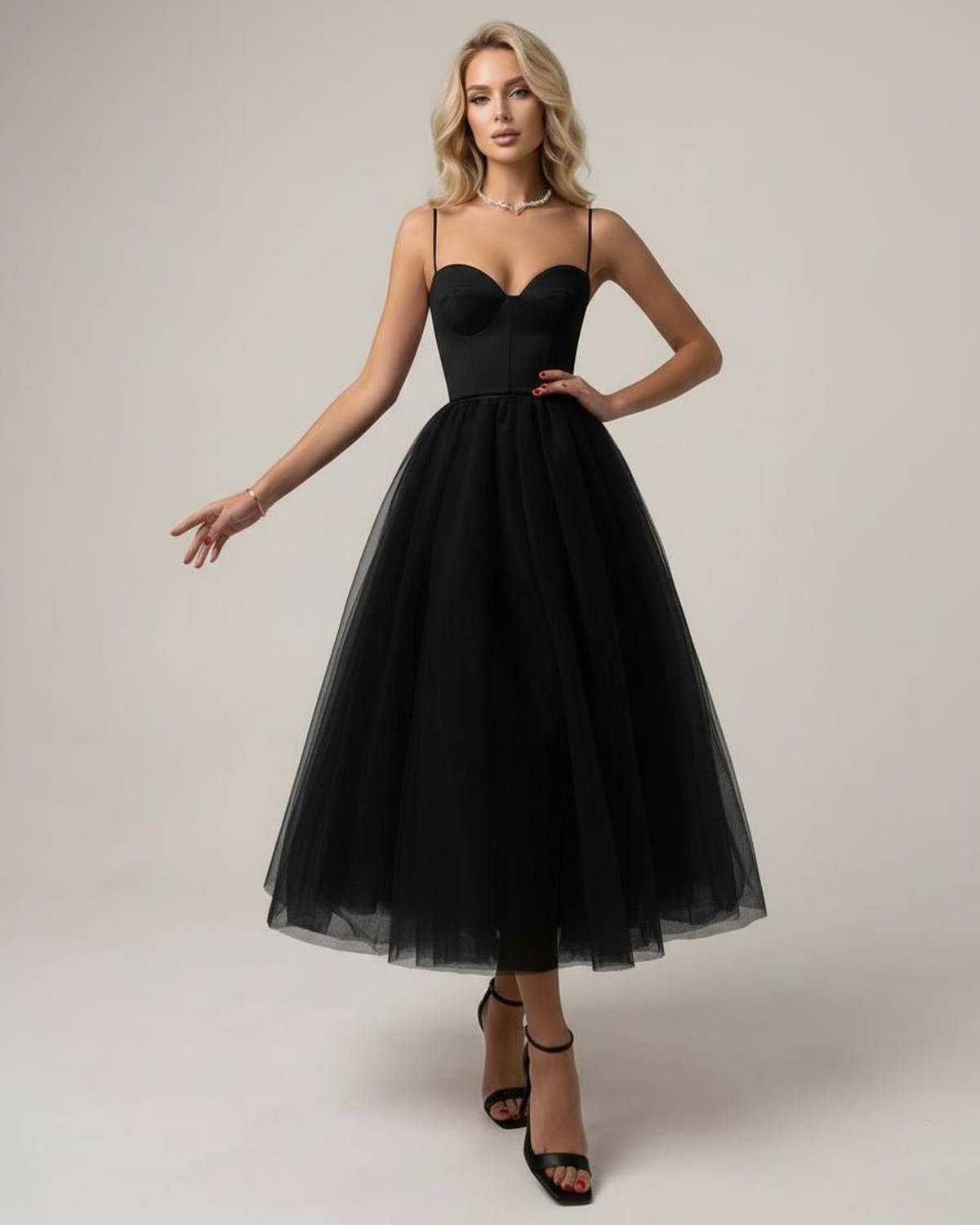 Noiré Midi Dress by Lauven - Elegant black strapless midi dress with tulle skirt and corset bodice.