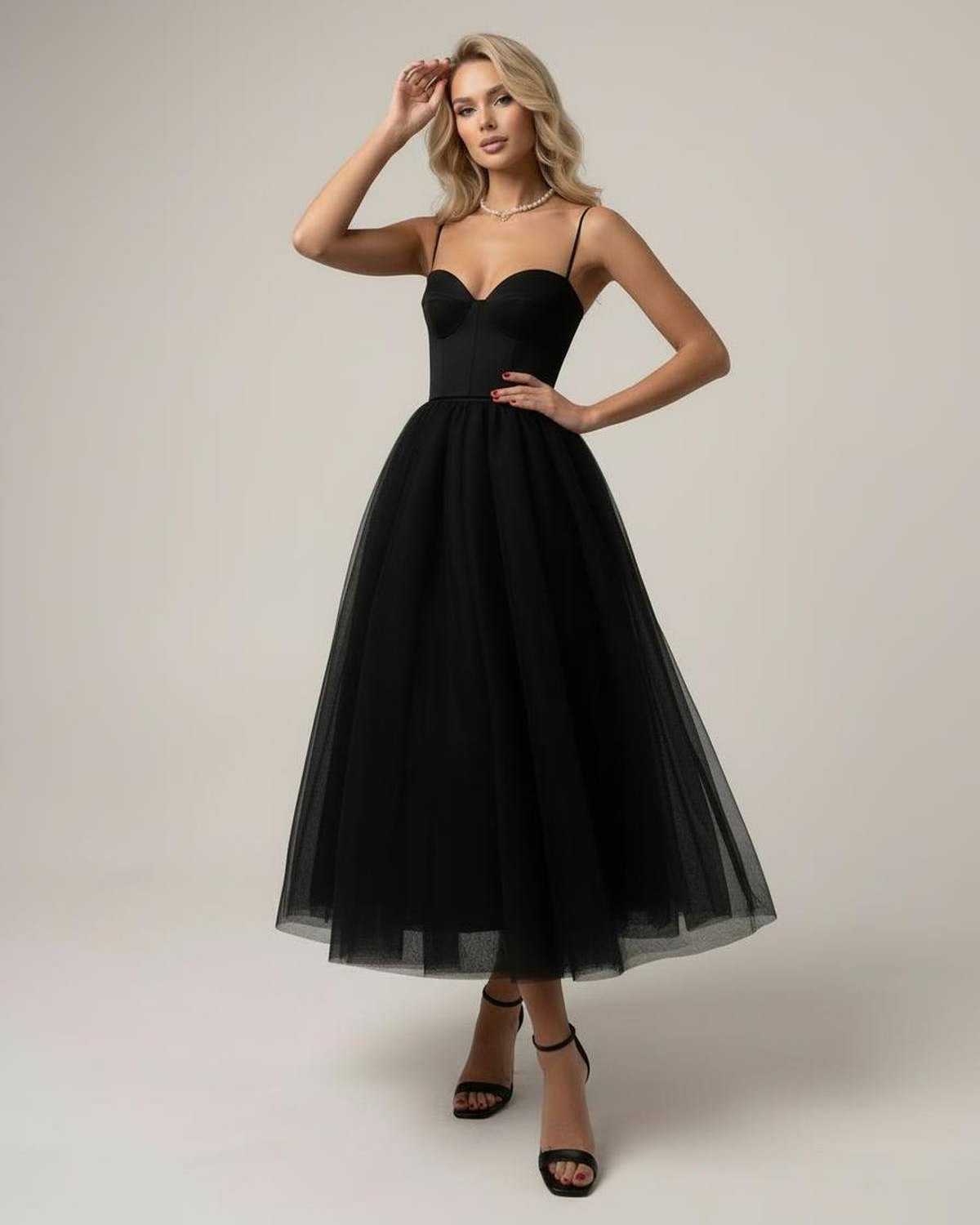 Noiré Midi Dress by Lauven, Black Strapless Midi Dress with Corset Bodice and Tulle Skirt.