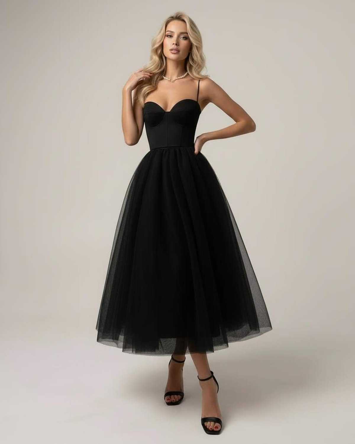 Noiré Midi Dress by Lauven - Black strapless midi dress with corset bodice and tulle skirt.
