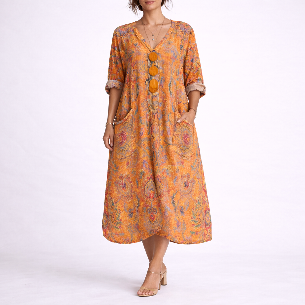 Boheme Kaftan Kjole til Dame med Løs Pasform og Midi Længde