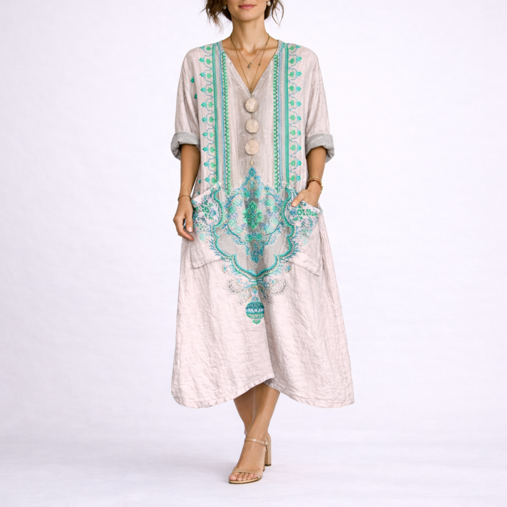 Boheme Kaftan Kjole til Dame med Løs Pasform og Midi Længde