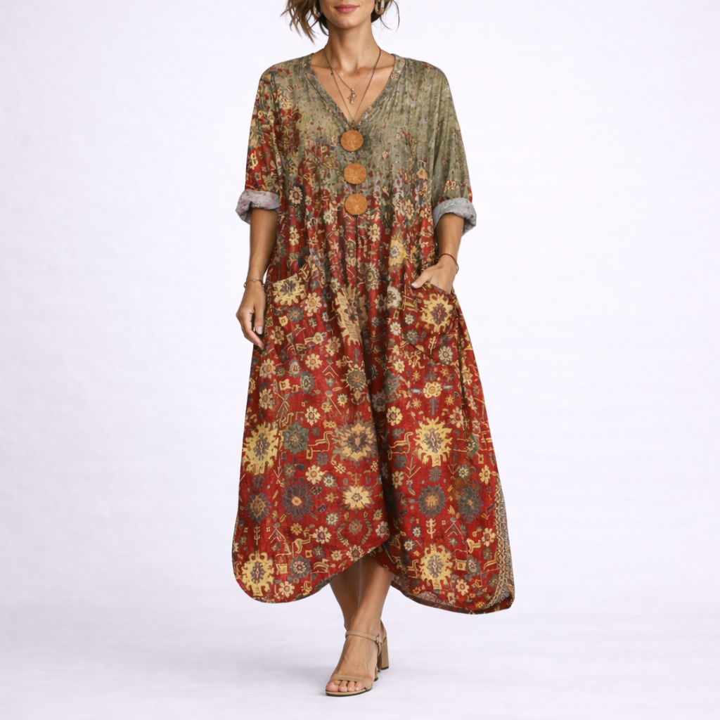 Boheme Kaftan Kjole til Dame med Løs Pasform og Midi Længde