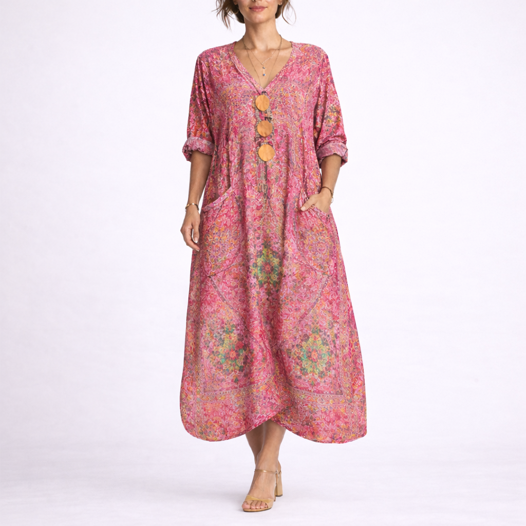 Boheme Kaftan Kjole til Dame med Løs Pasform og Midi Længde