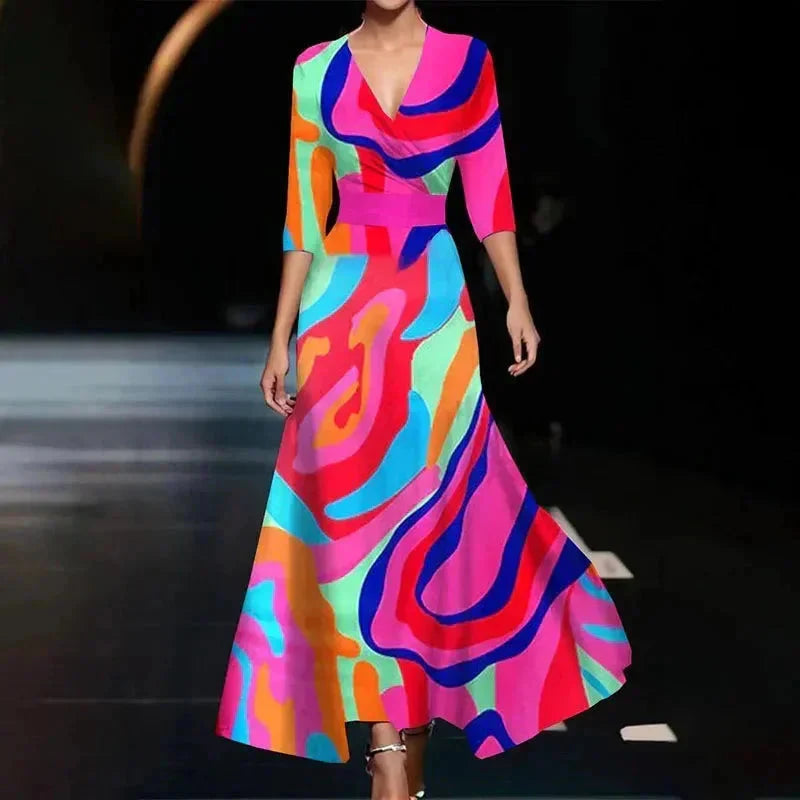 Robe longue femme en viscose, col V, imprimé floral coloré et ceinture ajustable pour un style boho chic.