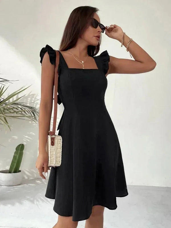 Robe courte évasée à volants, manches à bretelles, en coton léger, idéale pour les journées d'été - plusieurs couleurs…