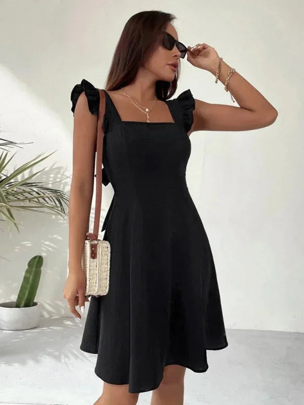 Robe courte évasée à volants, manches à bretelles, en coton léger, idéale pour les journées d'été - plusieurs couleurs…