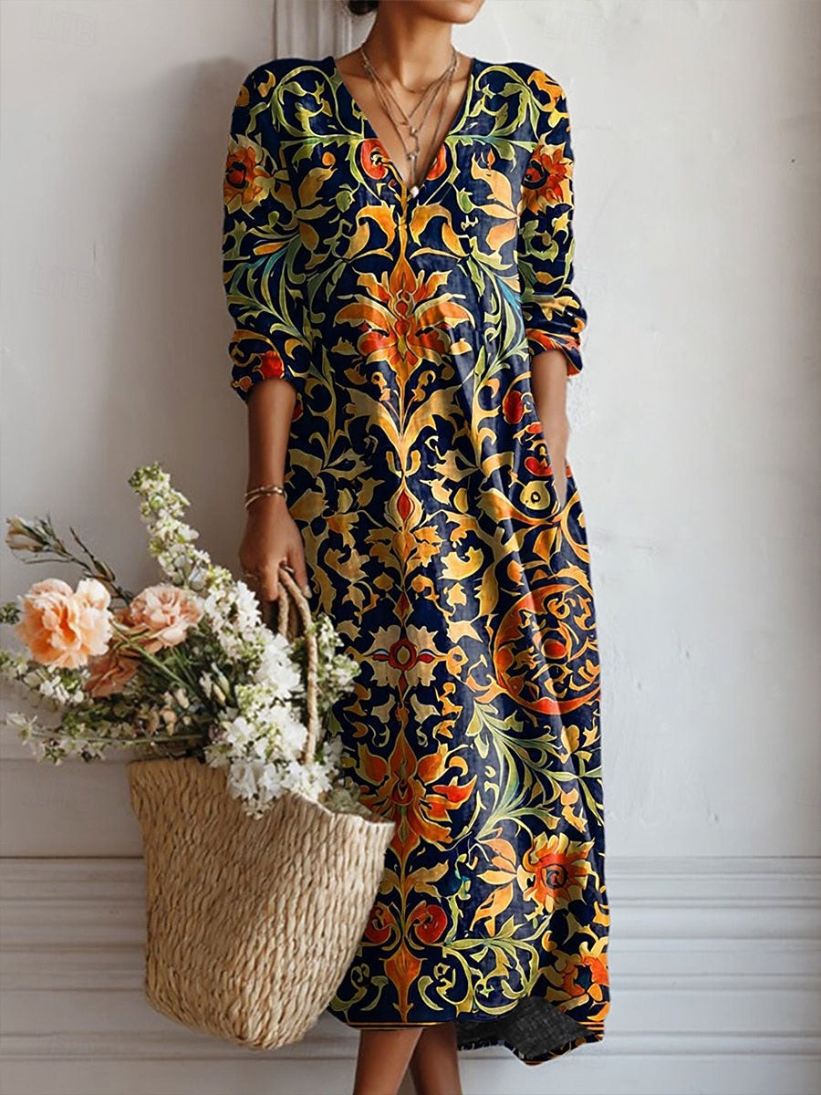 Boho Midi Kjole i Hørlook med Print til Dame