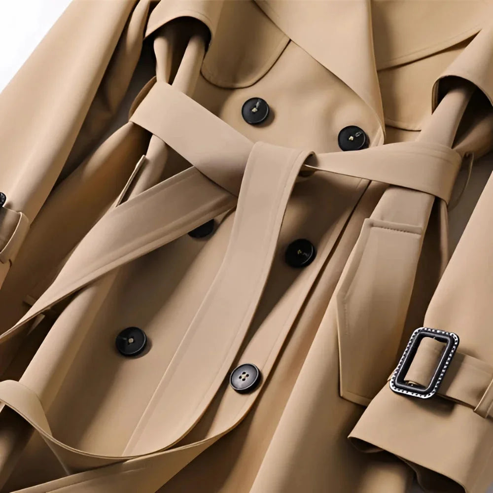 Trench-coat long femme beige, ceinturé, avec col à revers, en matériau léger, adapté aux saisons intermédiaires.
