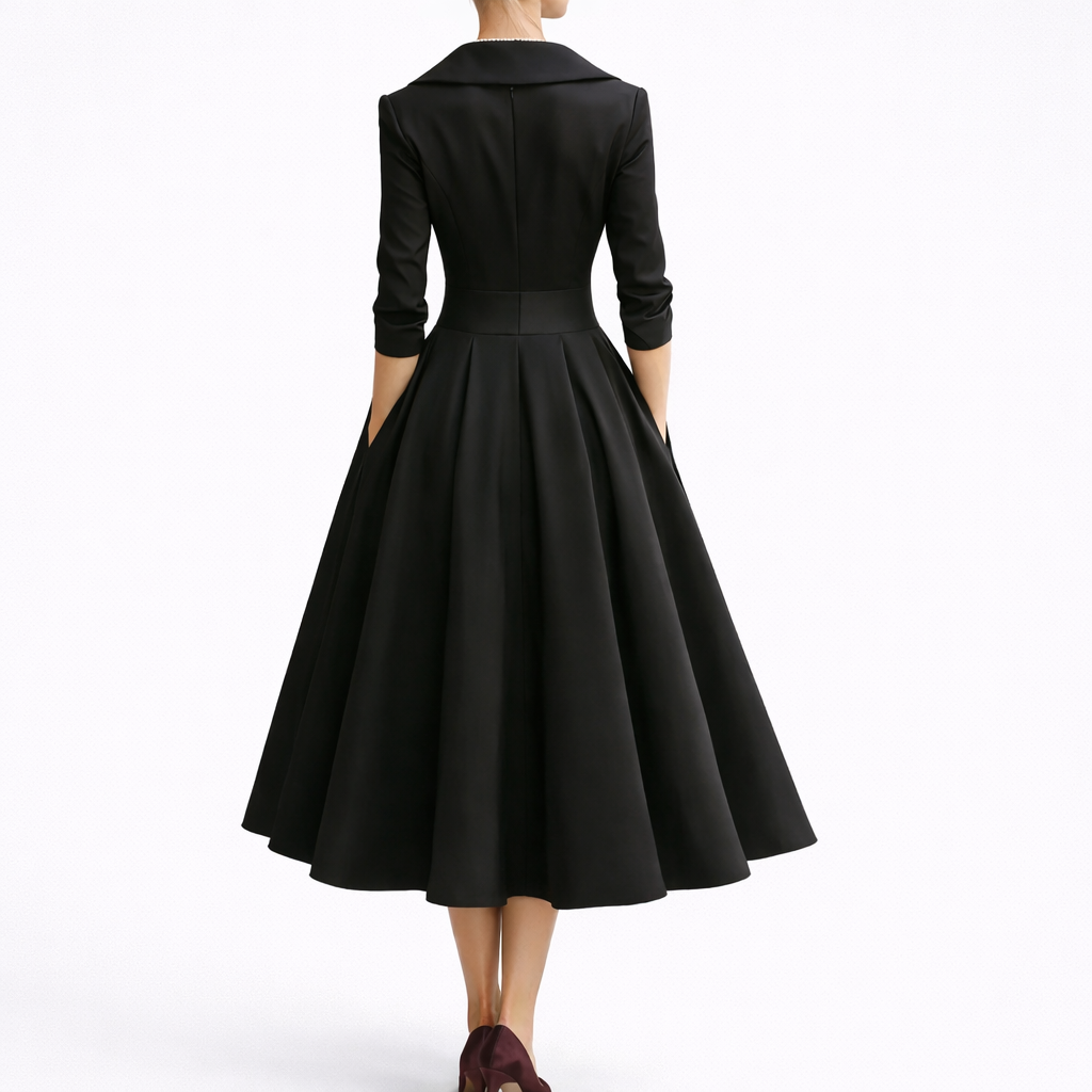 Elegant Midi Kjole til Kvinder – Vintage A-Line Kjole med V-Hals, 3/4 Ærmer og Taljebælte