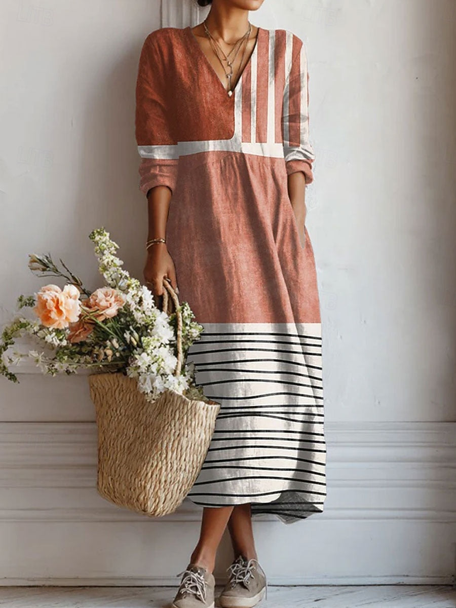 Boho Midi Kjole i Hørlook med Print til Dame