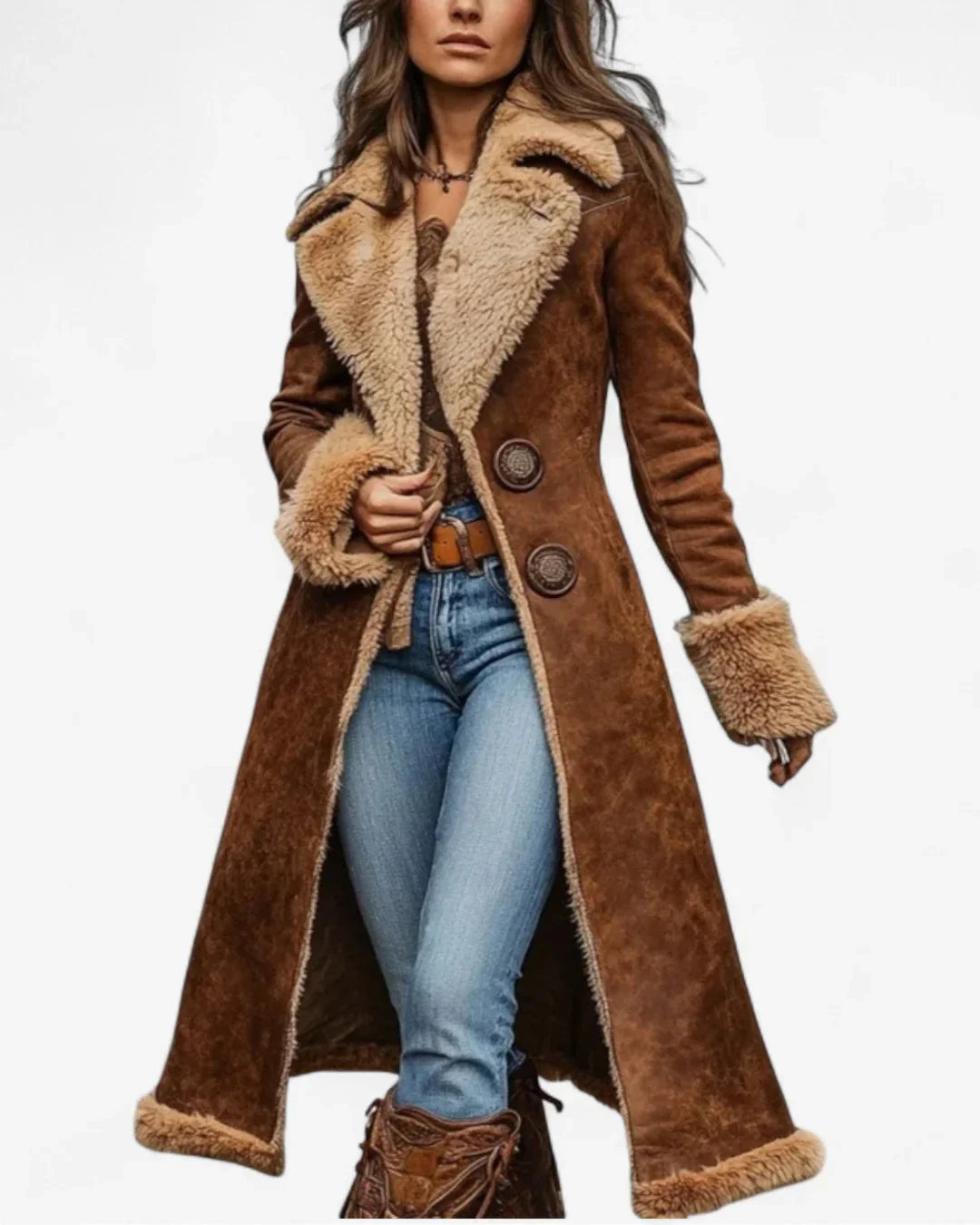 Lang Brun Shearling-Frakke til Kvinder