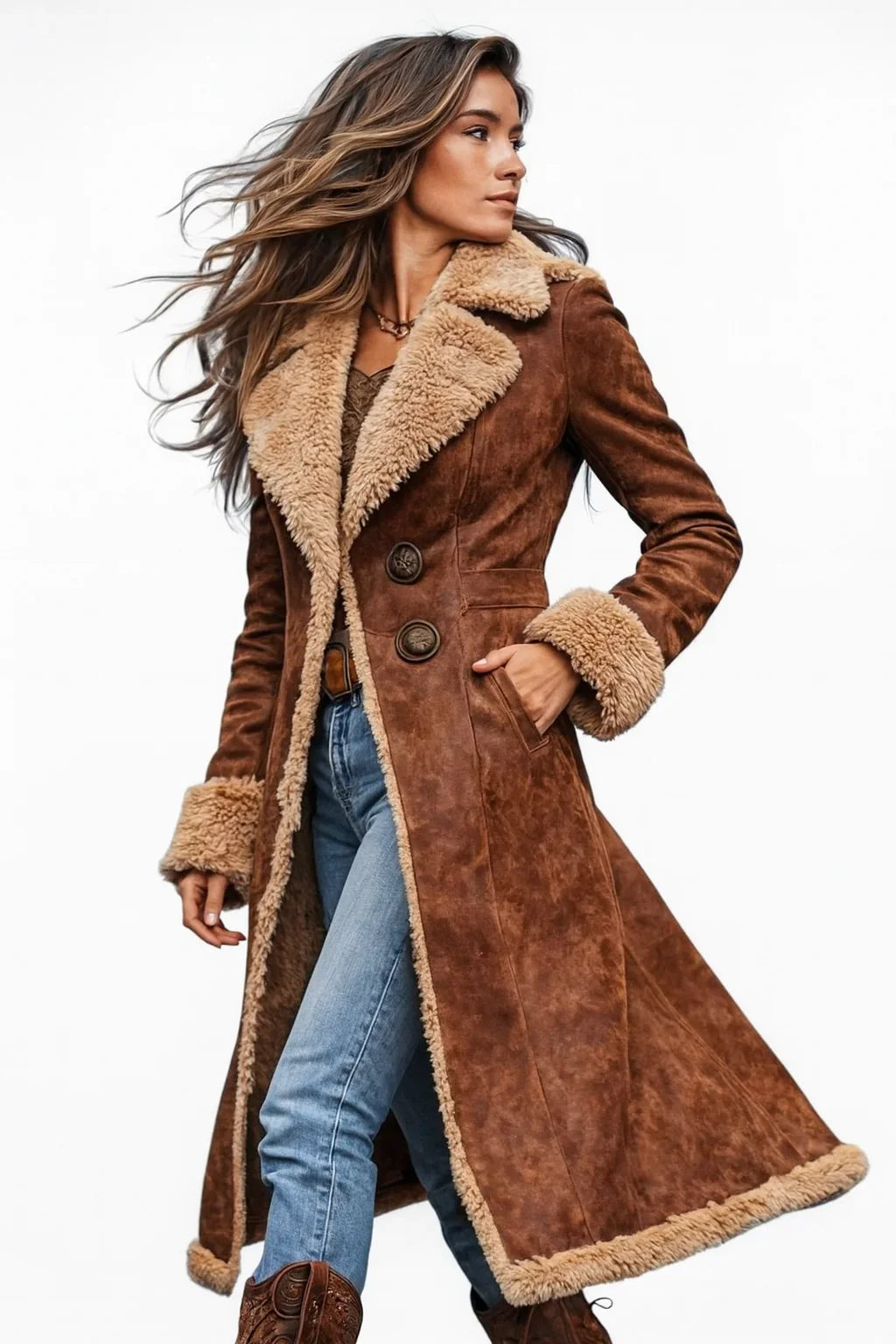 Lang Brun Shearling-Frakke til Kvinder