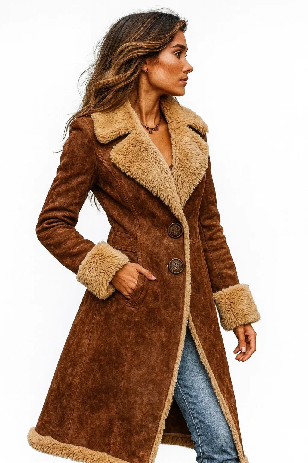 Lang Brun Shearling-Frakke til Kvinder