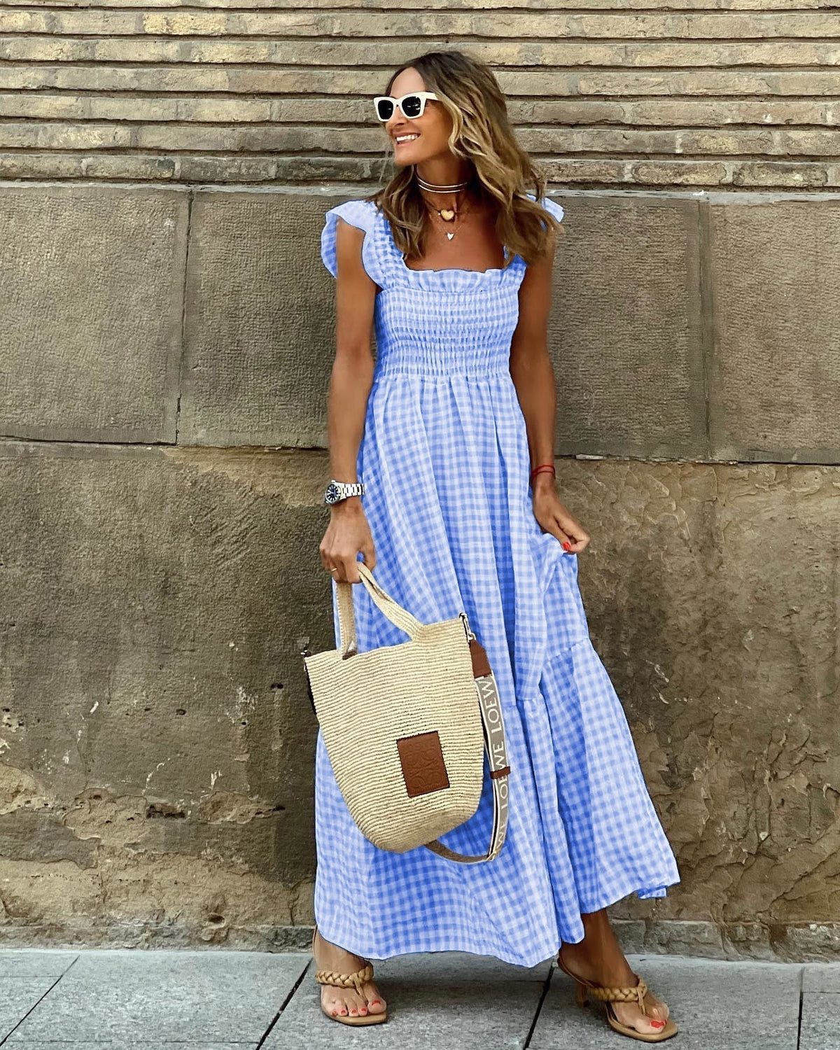 Women's Square-Neck Maxi Dress with Ruffle Sleeves