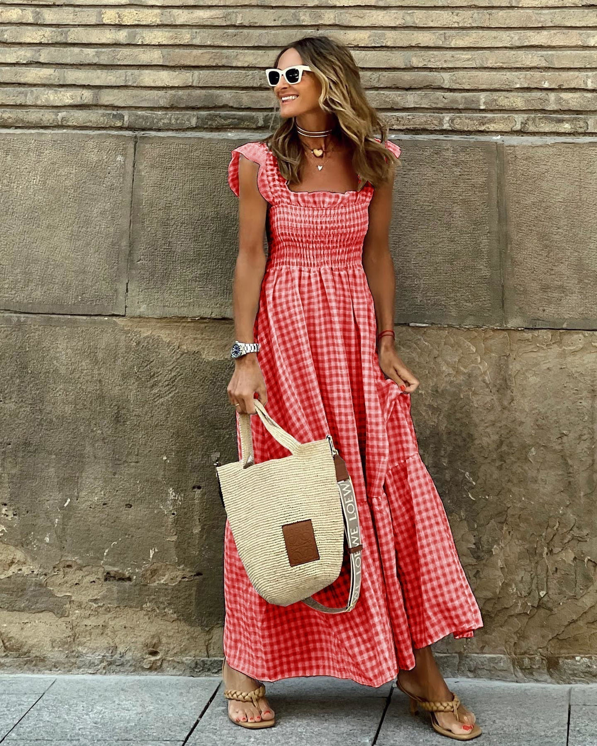 Women's Square-Neck Maxi Dress with Ruffle Sleeves