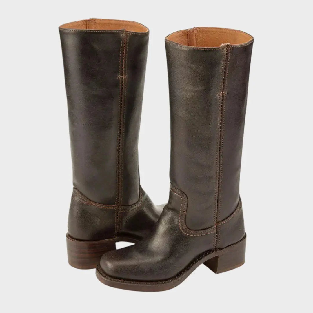 Dames Lange Læderstøvler med Blokhæl – Equestrian Stil