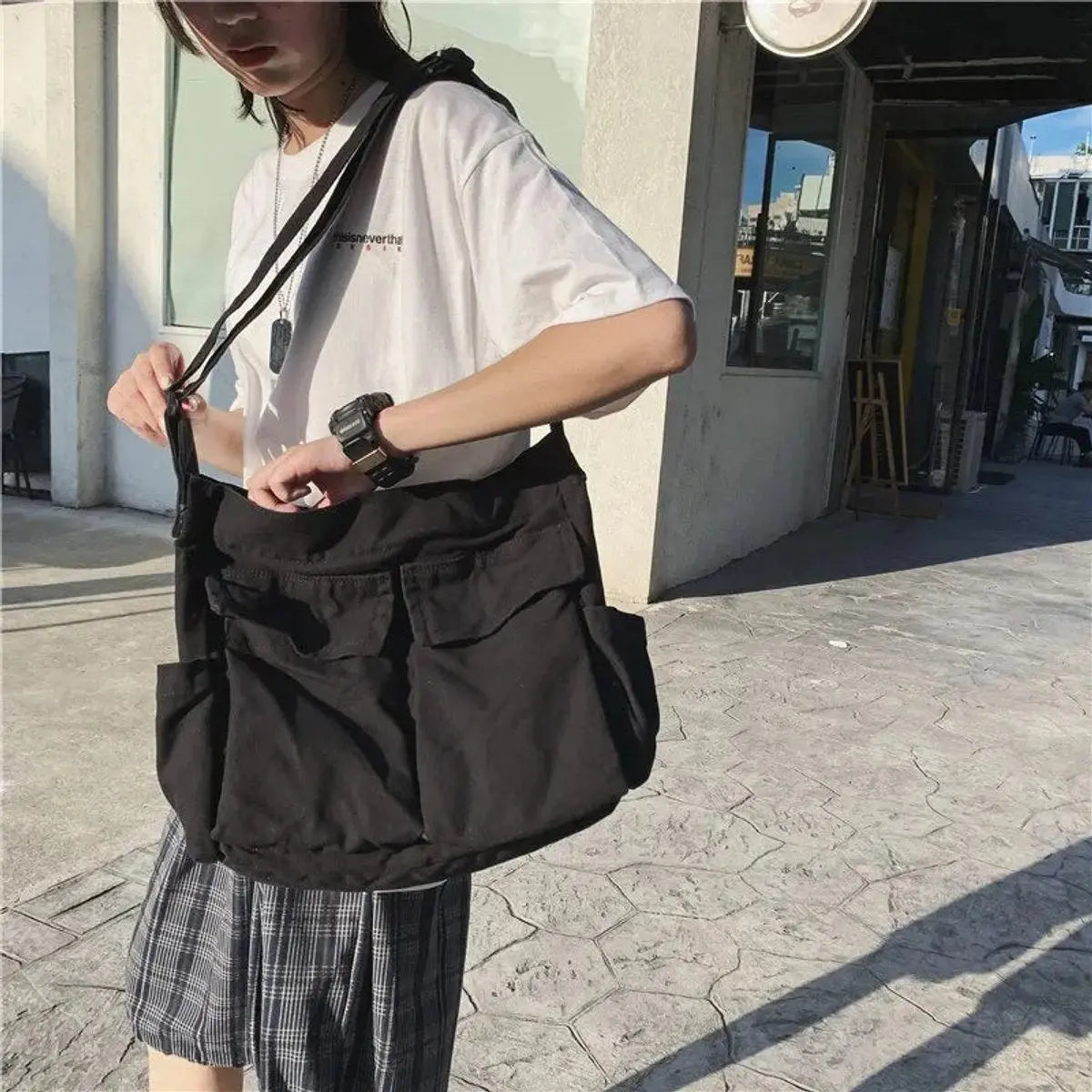 Dames Canvas Crossbody Taske med Flere Lommer