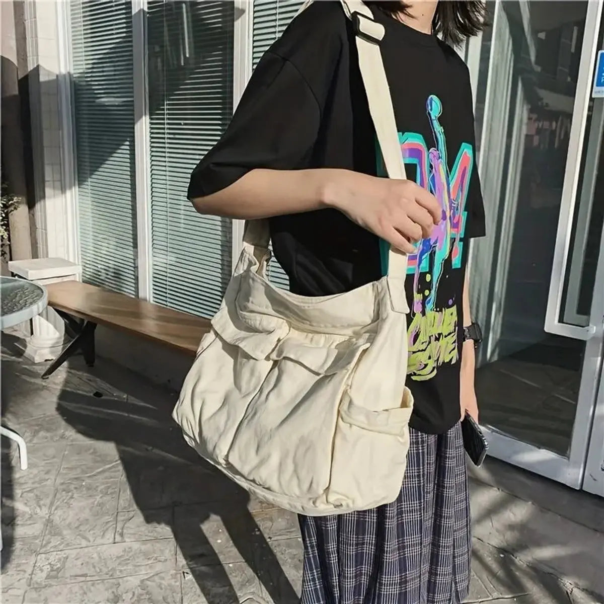 Dames Canvas Crossbody Taske med Flere Lommer