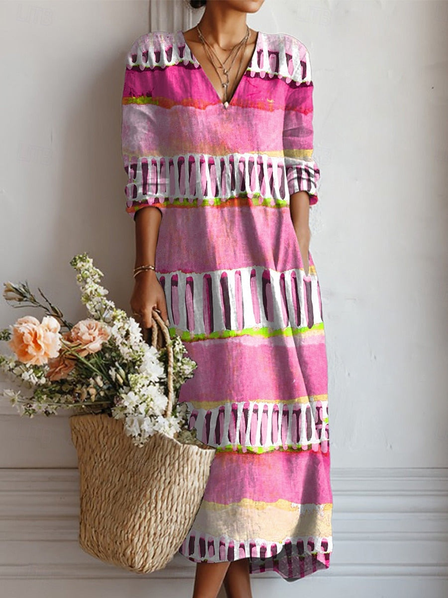 Boho Midi Kjole i Hørlook med Print til Dame