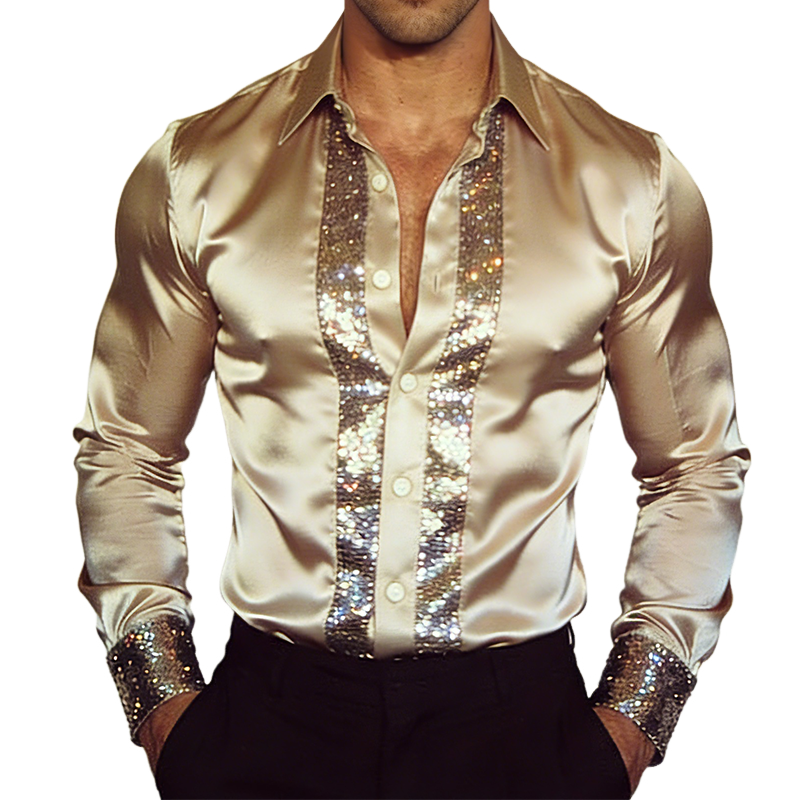 Camisa de manga larga para hombre estilo retro casual con parche de lentejuelas de satén y solapa