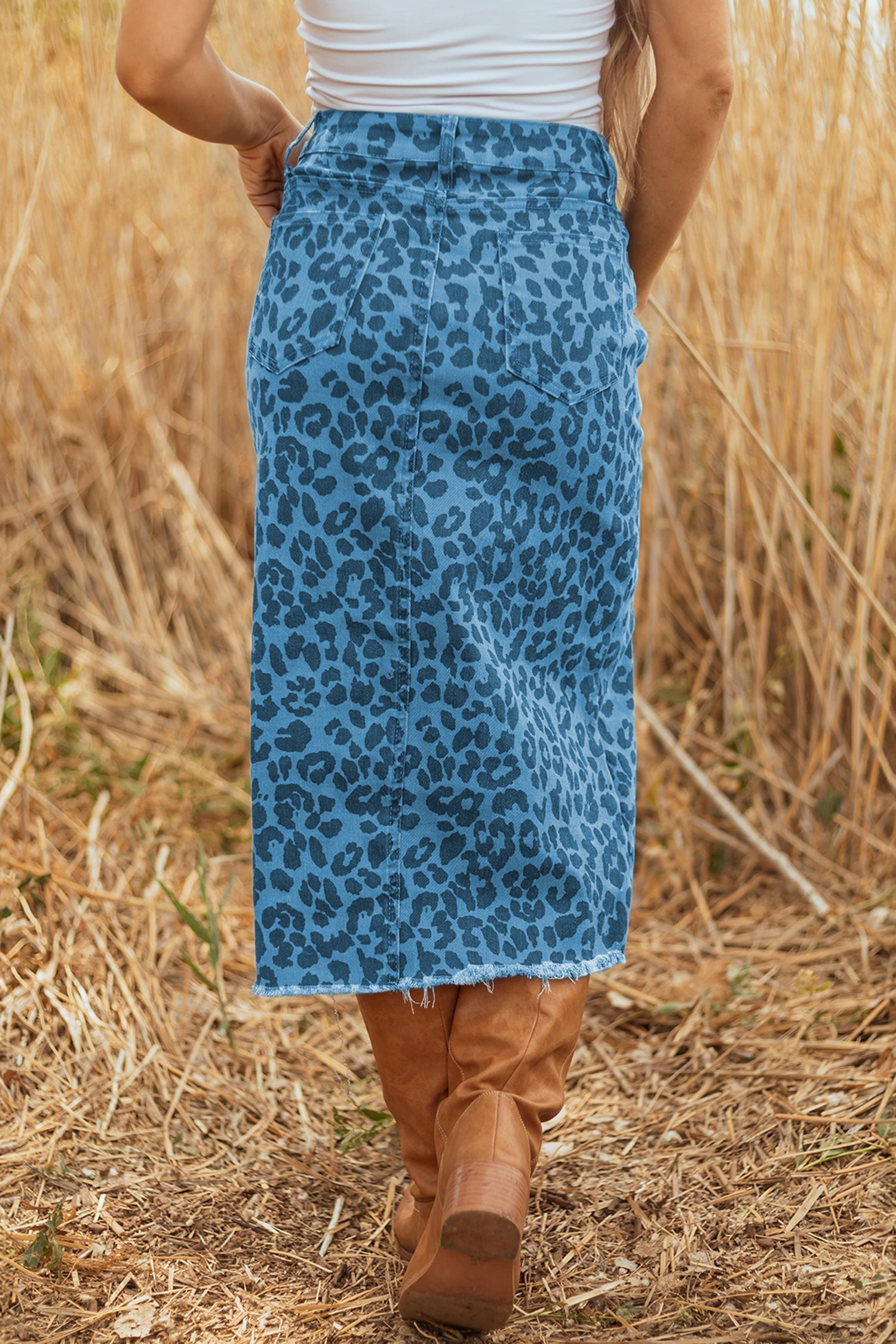 Fustă midi din denim cu crăpătură și margini destrămate Leopard Denim