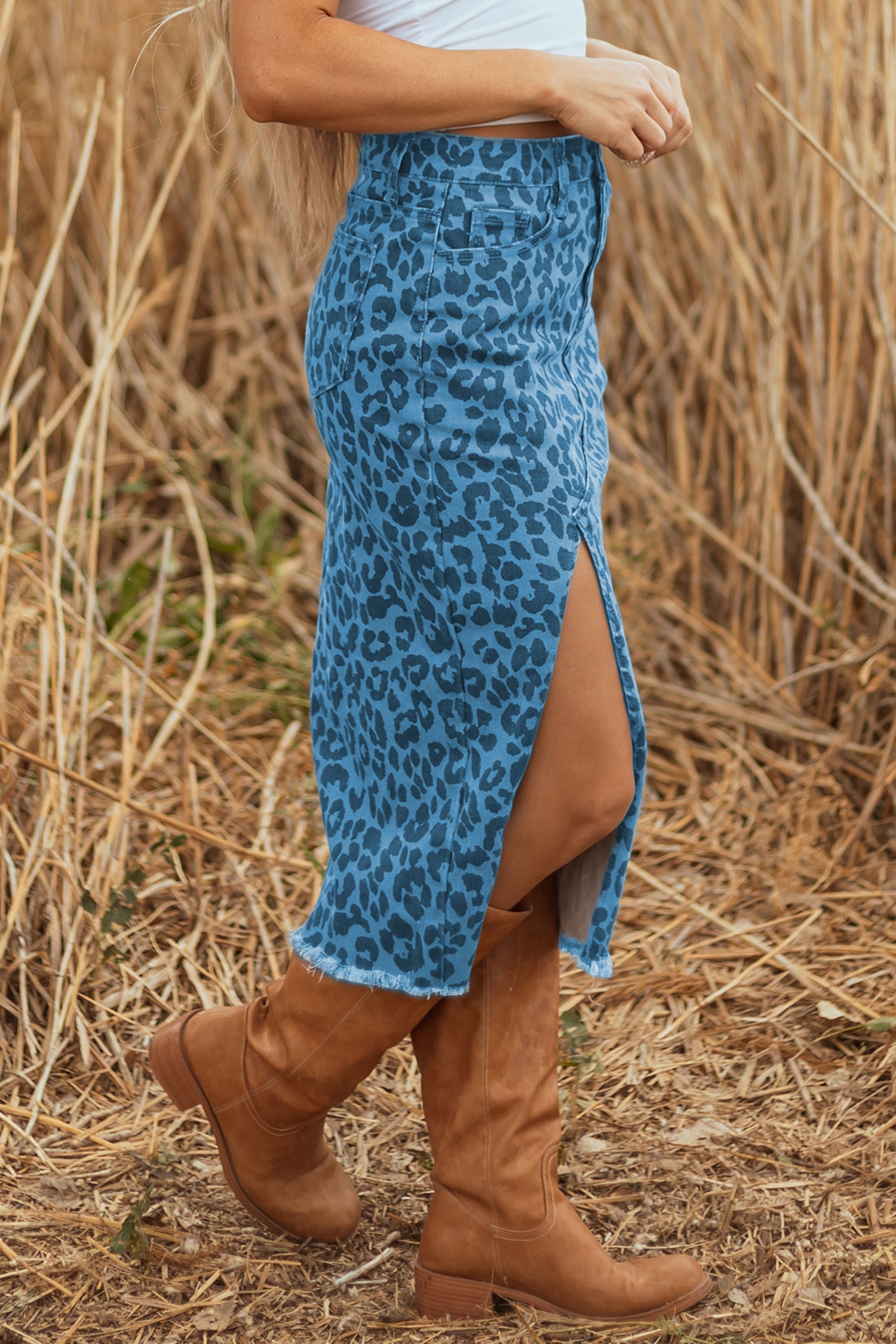 Fustă midi din denim cu crăpătură și margini destrămate Leopard Denim