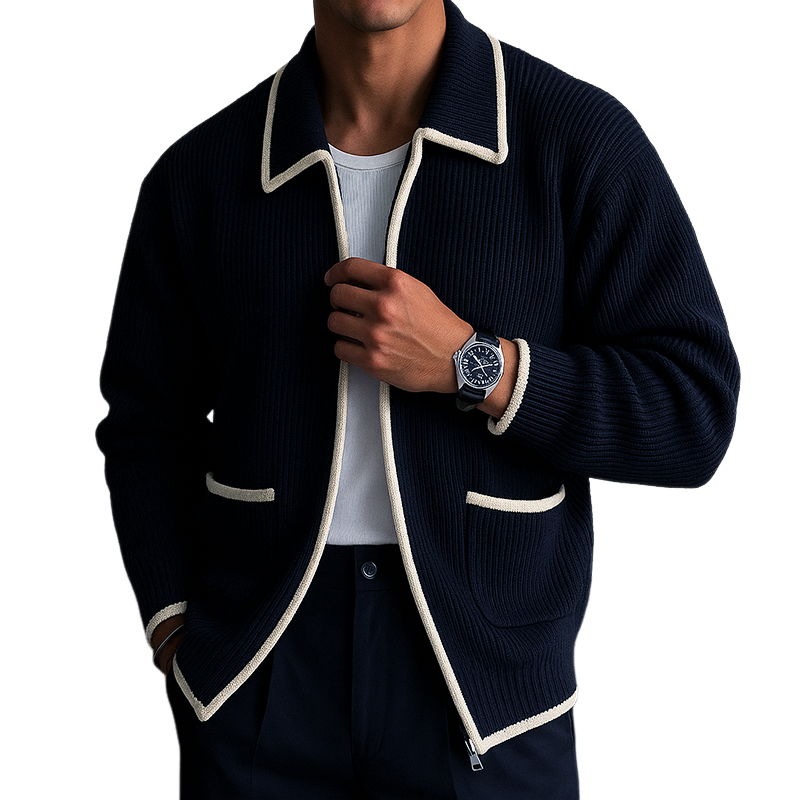 Camisola Cardigan Casual Retro para Homem com Fecho de Eclair e Padrão de Cabo MTA0964I4TO