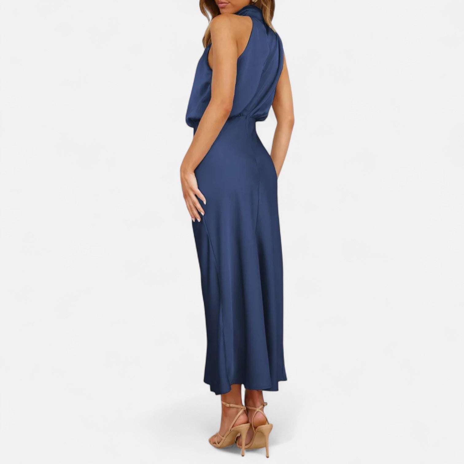Vestido longo de cetim para senhora, corte em A, sem mangas