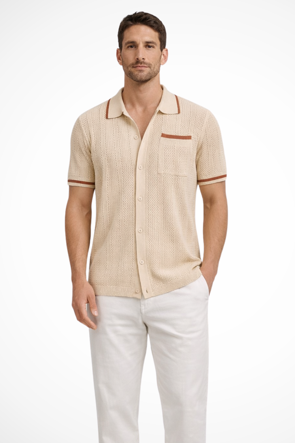 Finlay | Camisa de Botões com Gola Camp e Mangas Curtas em Malha Aberta com Borda Contrastante para Homem