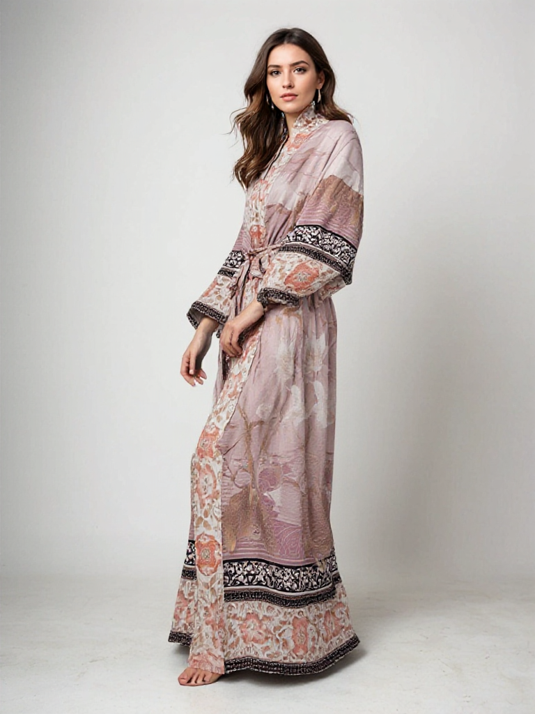 Greta Dames Kimono Jurk met Ceintuur en Bohemian Print – Lange Maxi Jurk