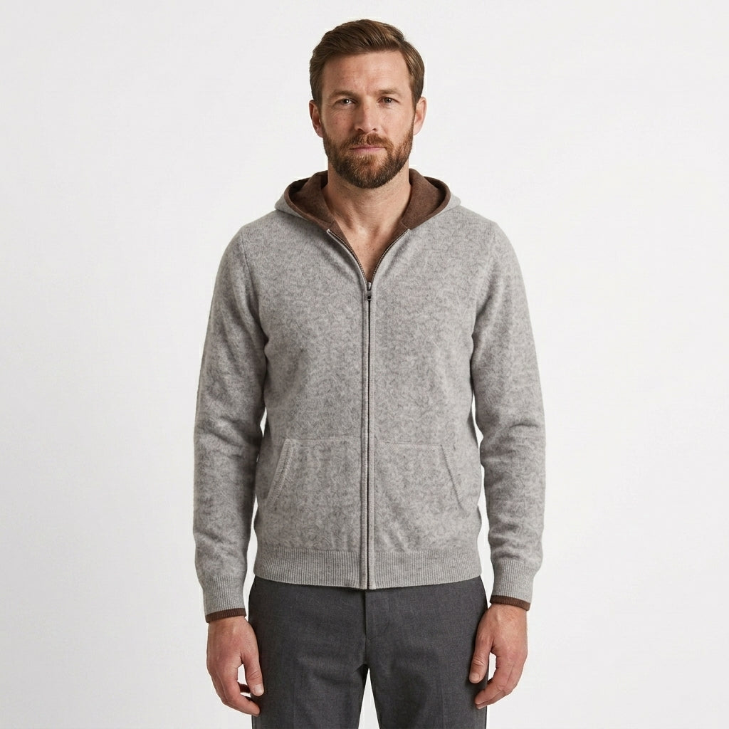 Cashmere Cardigan til Mænd med Hætte og Lynlås