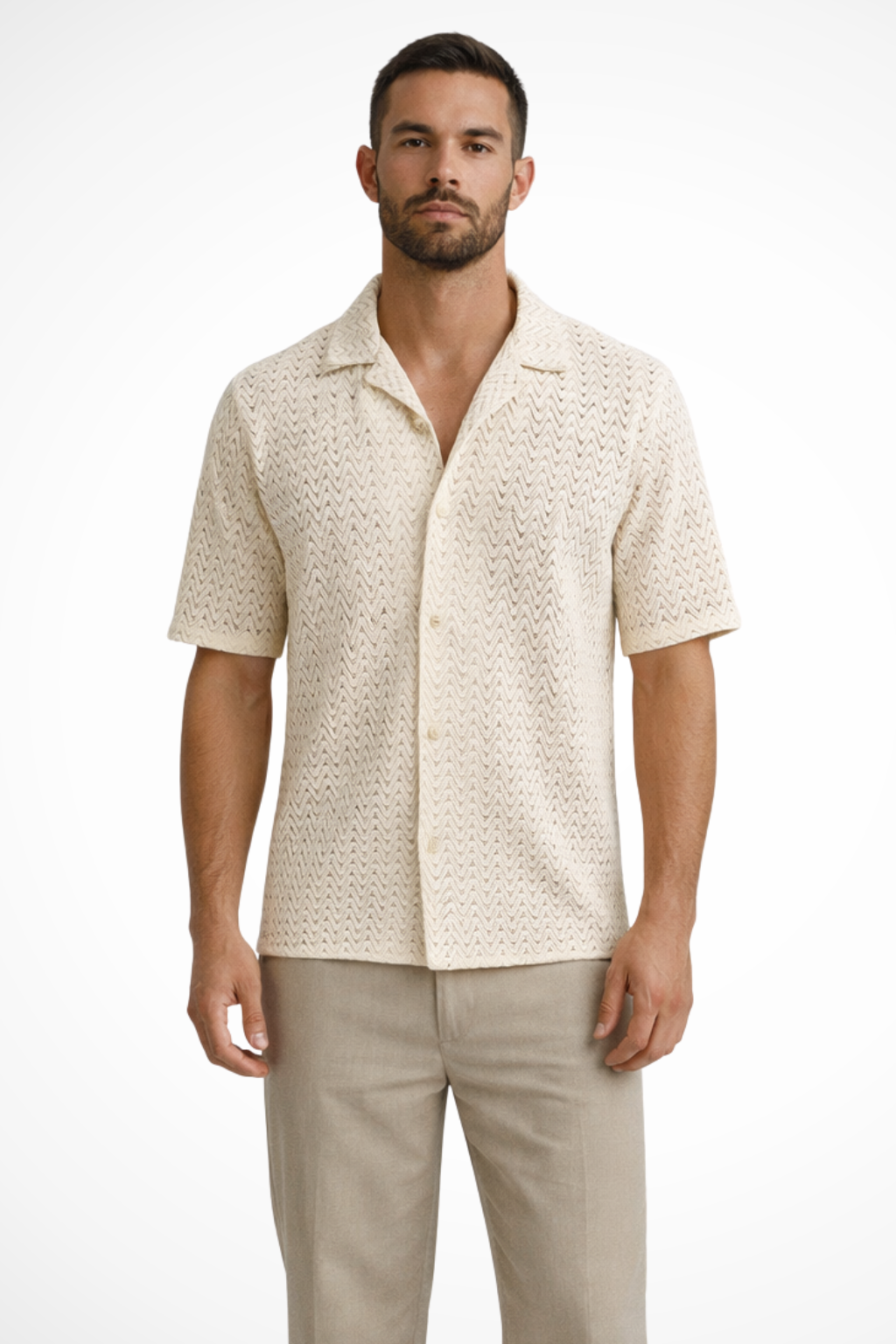 Solano | Camisa Masculina de Manga Curta com Gola Aberta e Textura Chevron