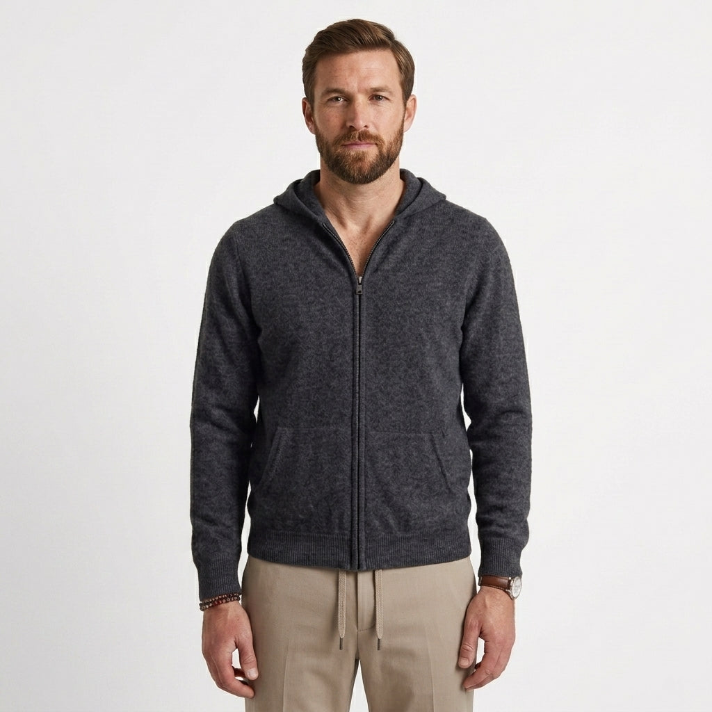Cashmere Cardigan til Mænd med Hætte og Lynlås
