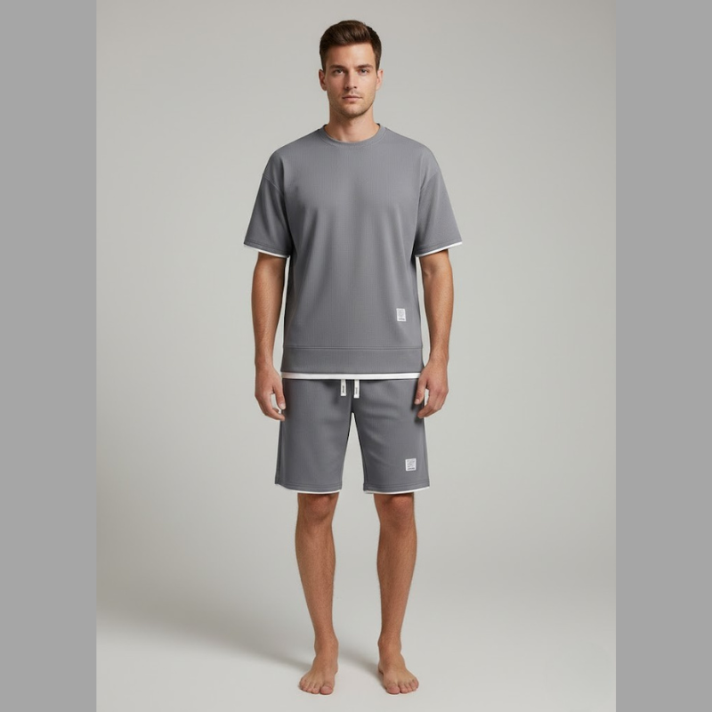 Herre Kortærmet T-Shirt og Snøreshorts 2-Delt Lounge Sæt