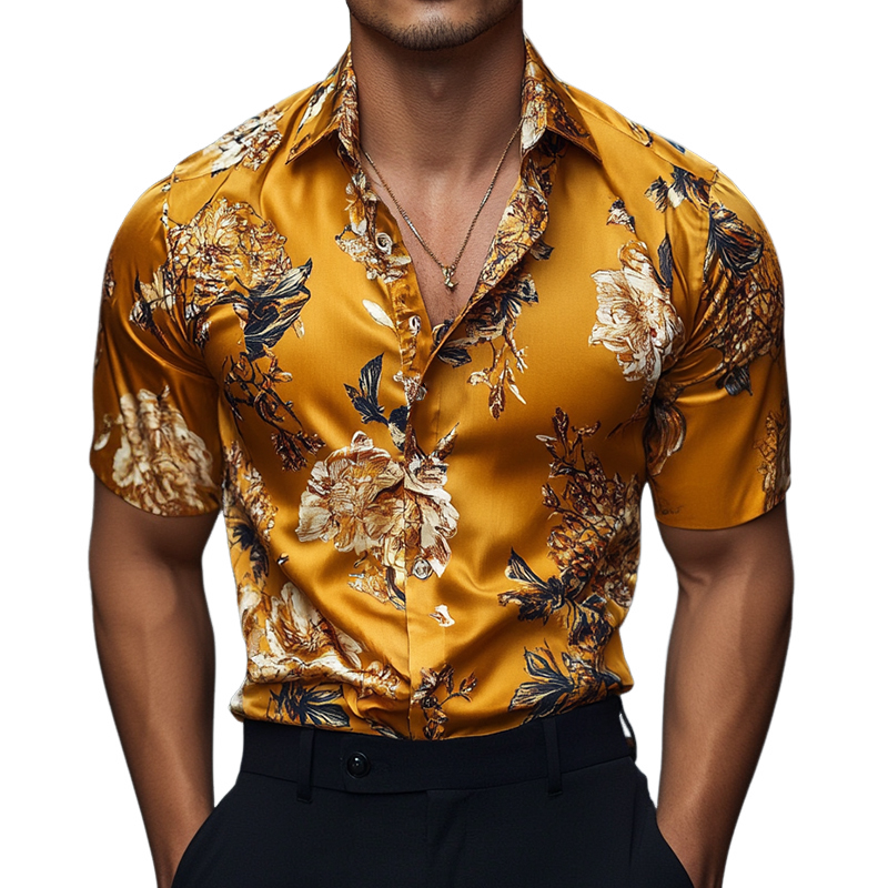 Envio em 24 horas, Camisa Retro Casual Masculina com Estampa Floral e Gola Reverso, Manga Curta MTA1484D6TO