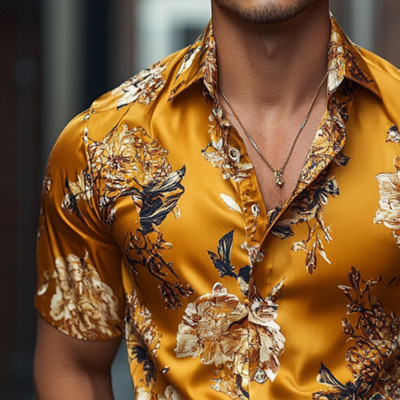 Envío en 24 horas, camisa retro casual para hombre con estampado floral y cuello vuelto de manga corta MTA1484D6TO