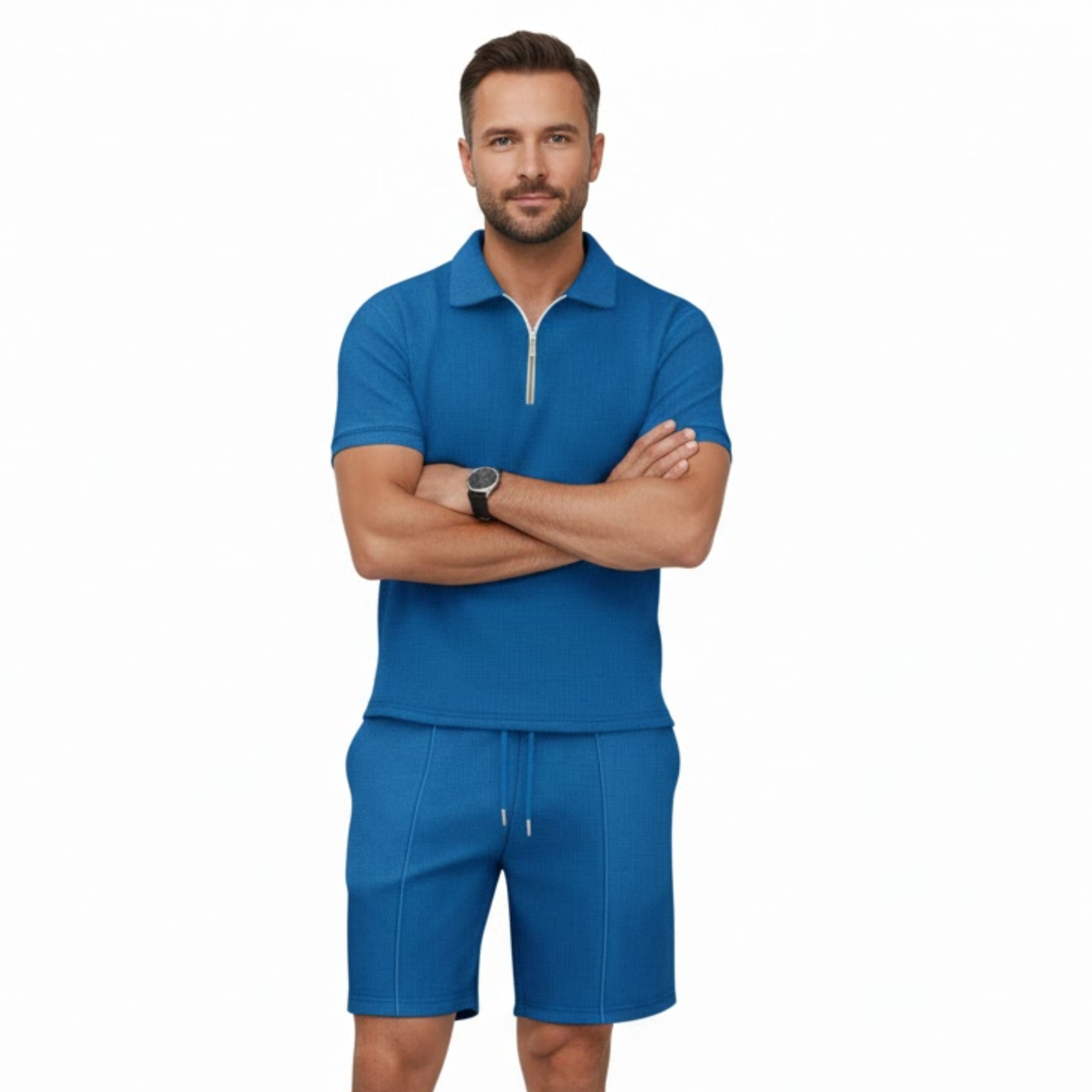 Ανδρικό casual σετ φόρμας δύο τεμαχίων με polo πουκάμισο με φερμουάρ και σορτς με κορδόνι