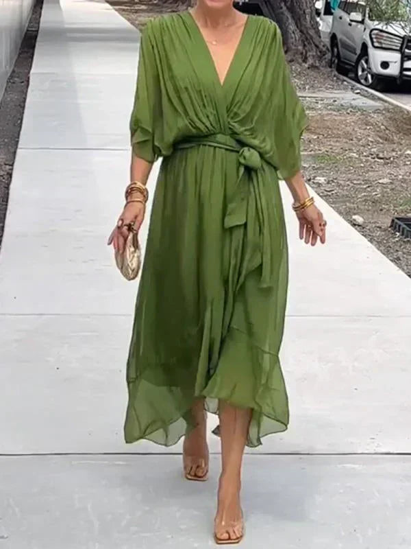 Vestido midi cruzado com cinto e decote em V