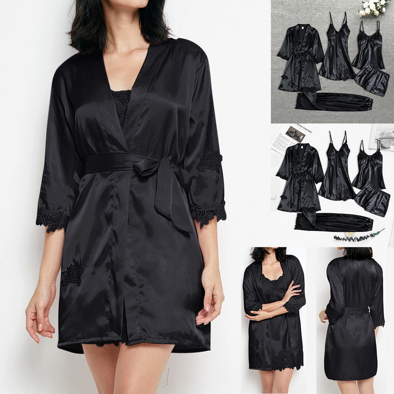 Satin Nattøjssæt til Kvinder | Kimono med Blondekant, Cami & Shorts