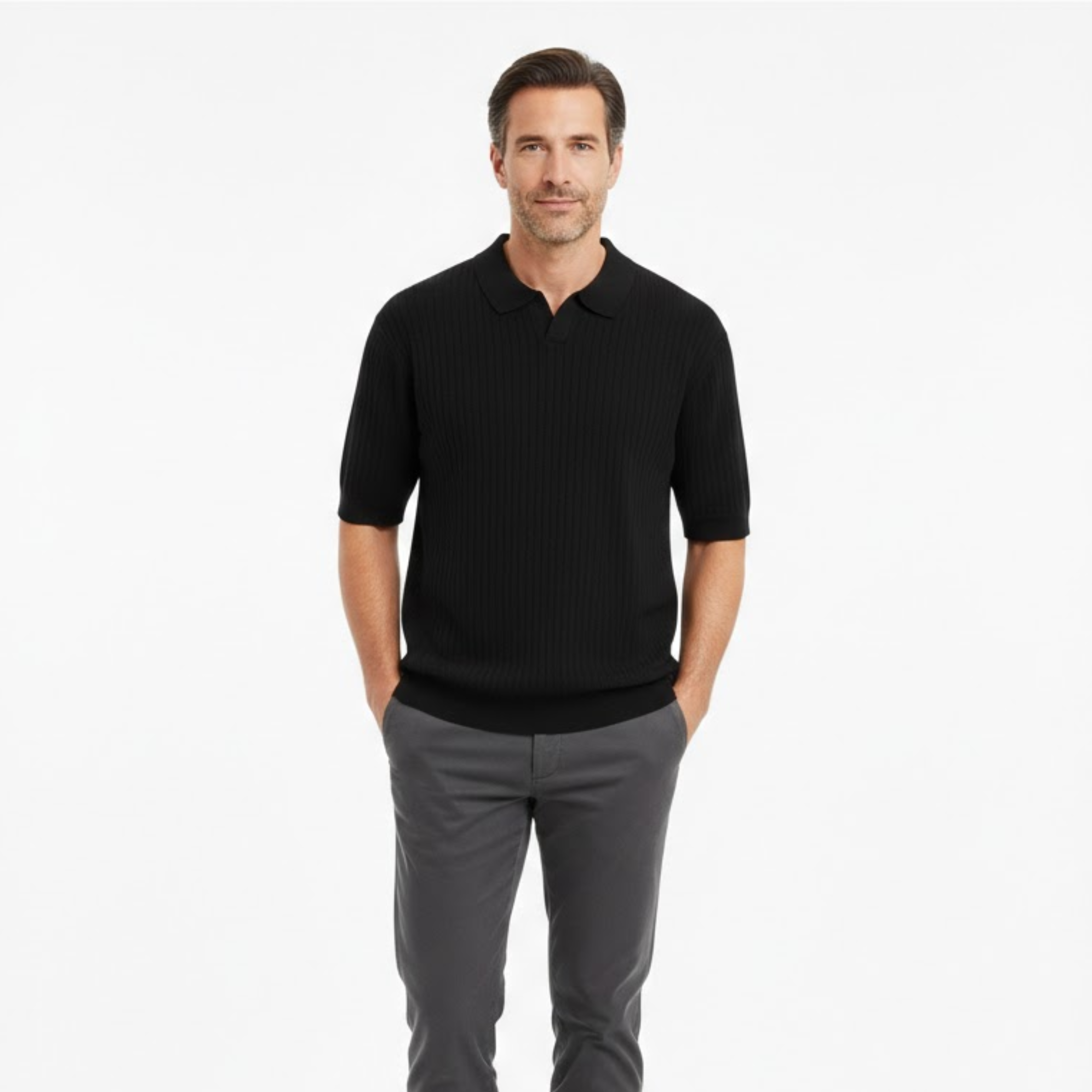 Ανδρικό slim fit ριμπ πλεκτό polo πουκάμισο κοντομάνικο, γρήγορου στεγνώματος, με ανοιχτό λαιμό, κορυφή για γκολφ