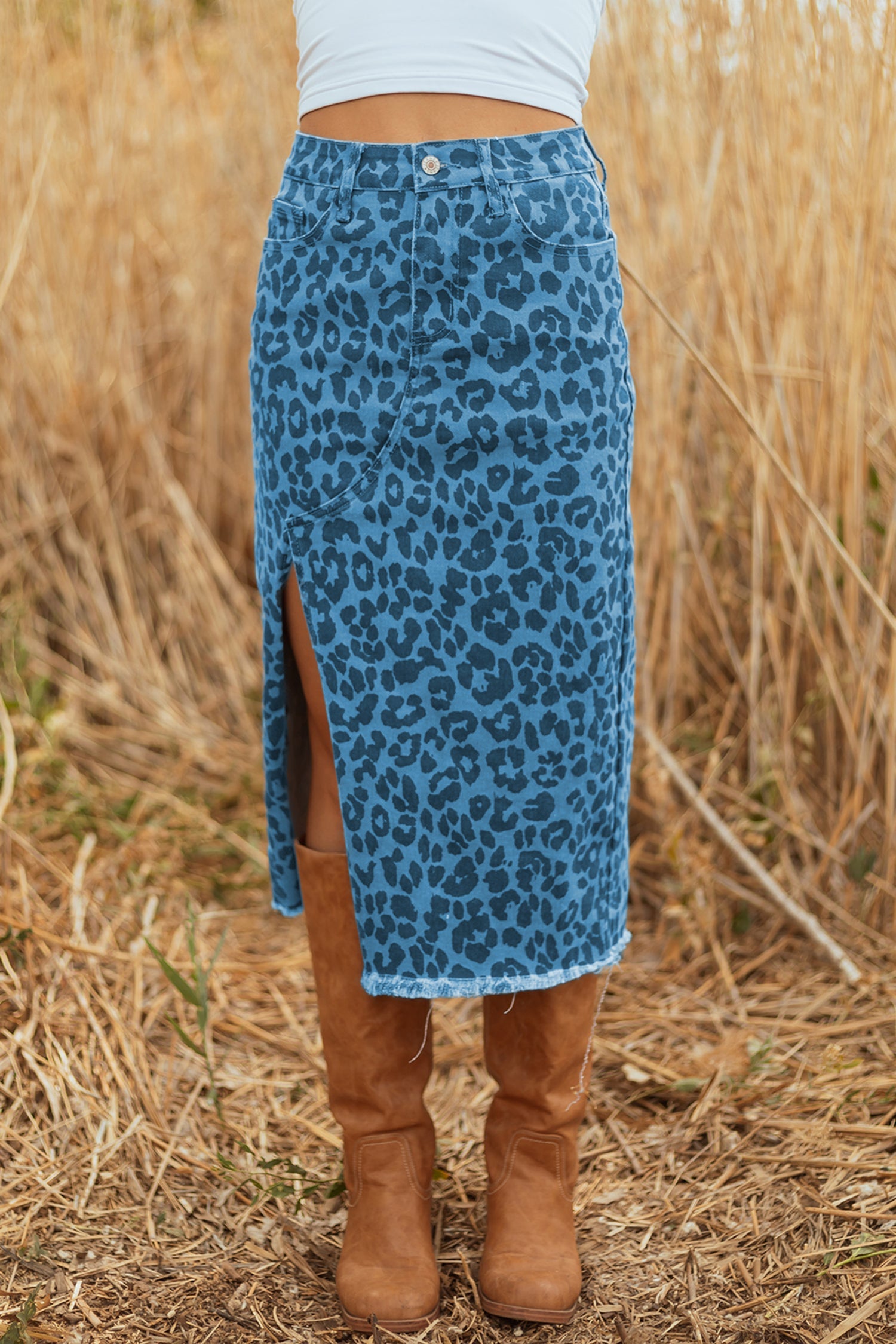 Fustă midi din denim cu crăpătură și margini destrămate Leopard Denim