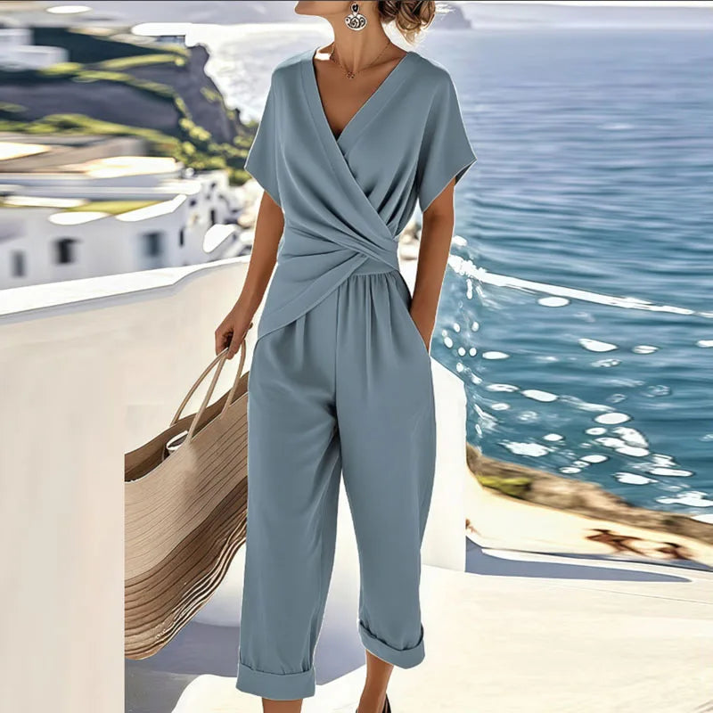 Jumpsuit til damer med V-udskæring og korte ærmer - Regular Fit